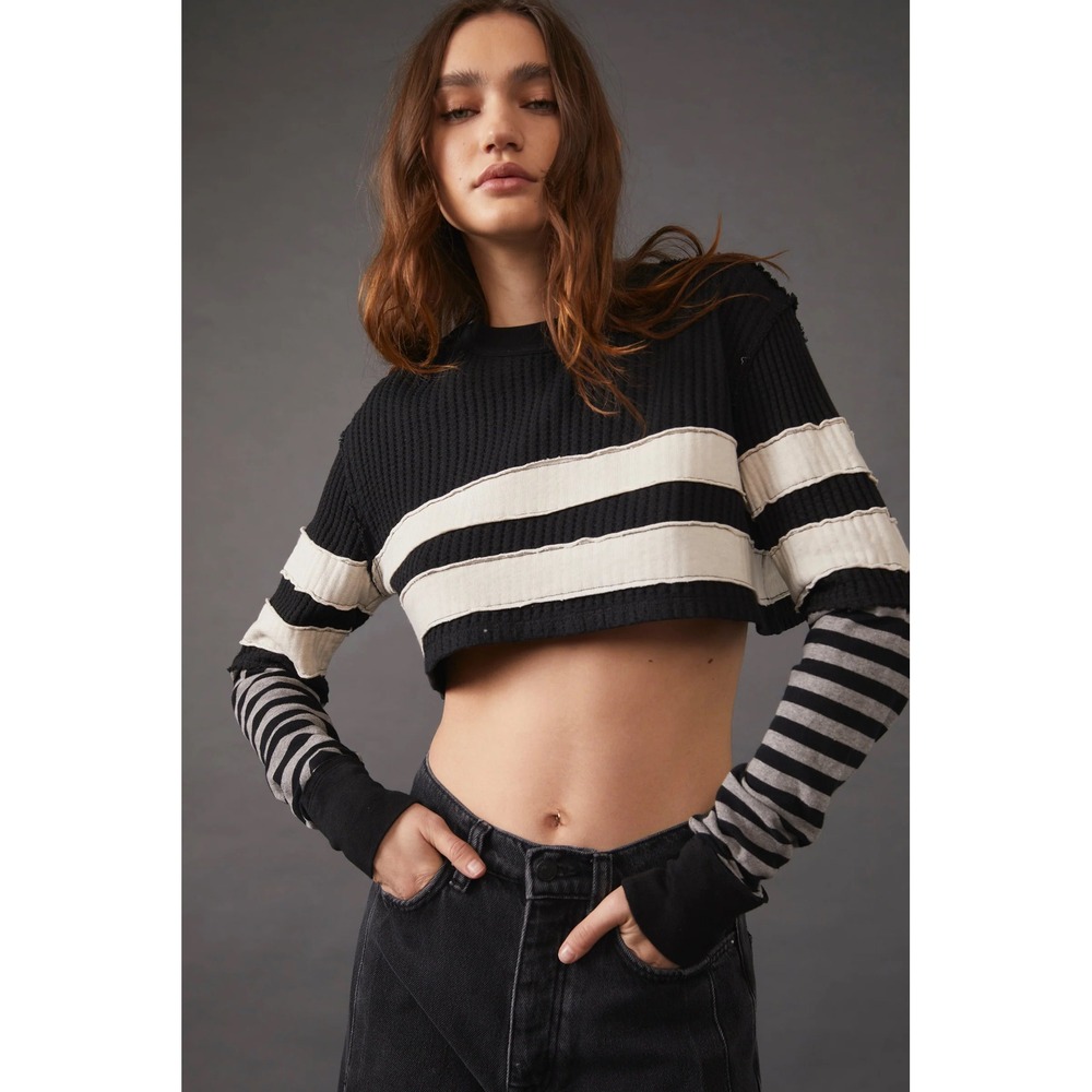 Free People Game On Micro Crop Top Womens Small Black Striped Indie Grunge Boho‎